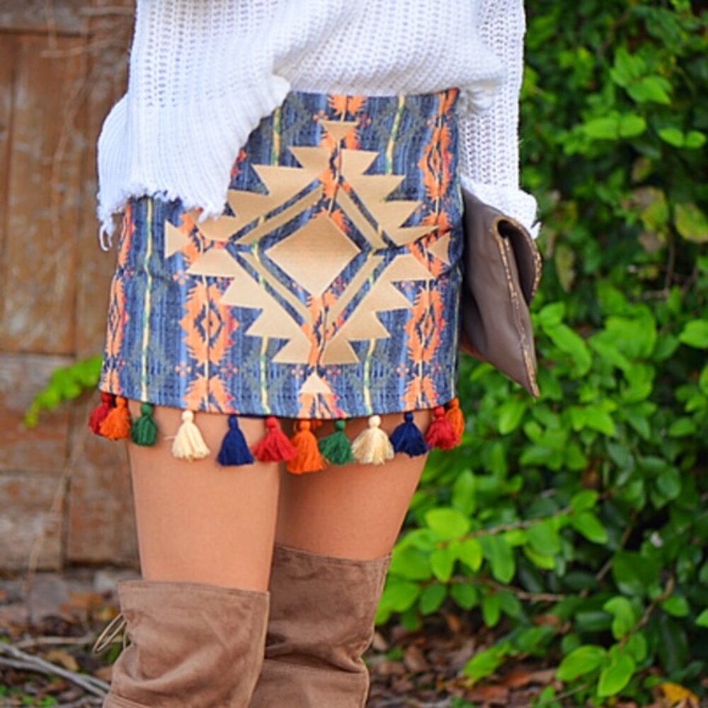JUDITH MARCH Tassel Skirt L Aztec Southwestern Thick Cotton Multi-Colored